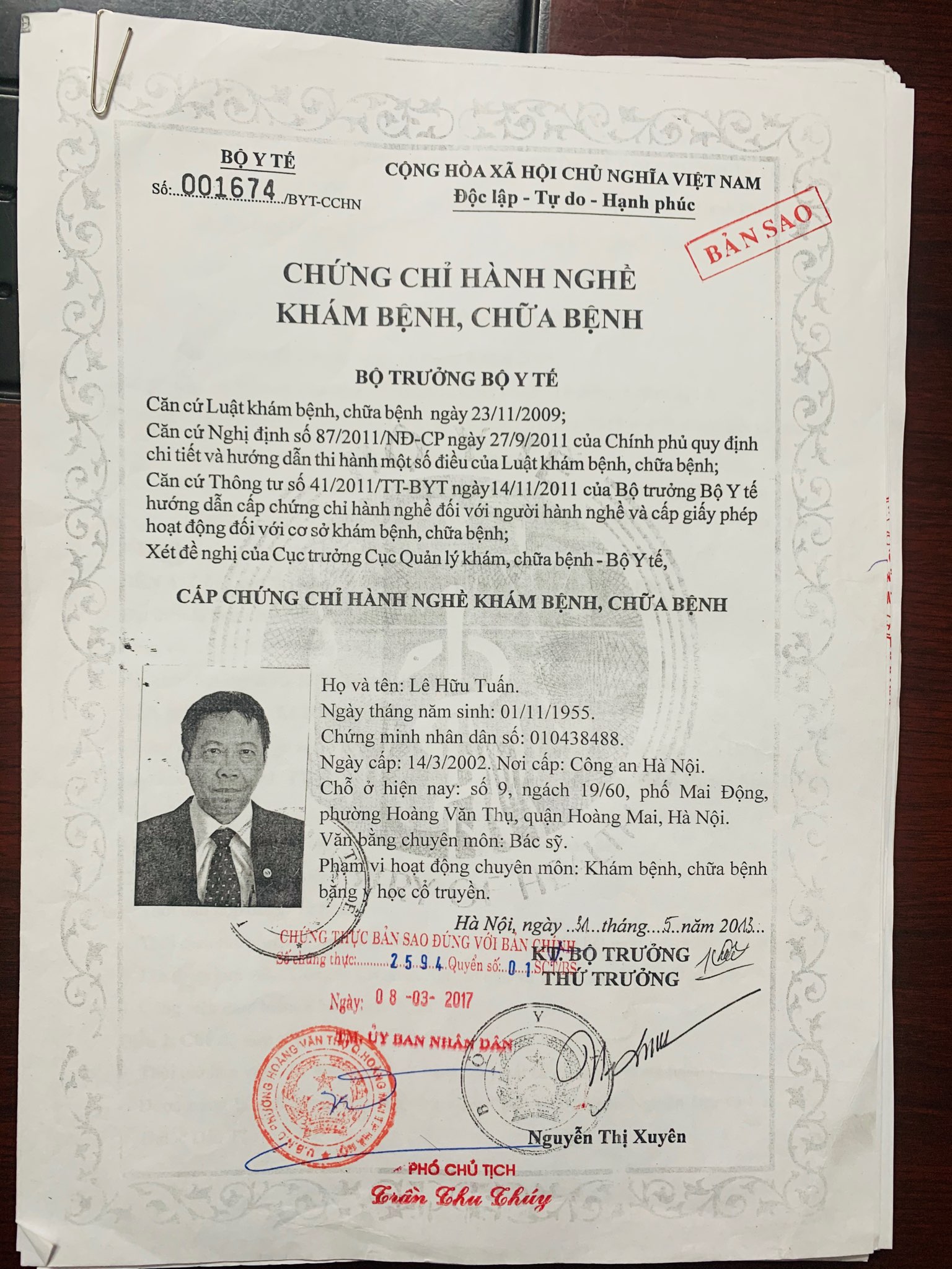 Chứng chỉ hành nghề Bác sĩ Lê Hữu Tuấn (Lão Tuấn Họ Lê)